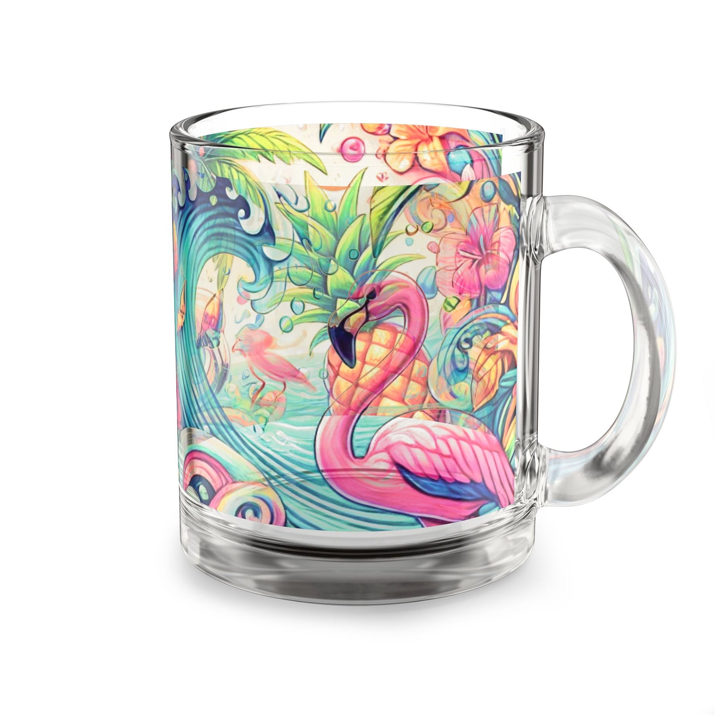 Tropical Glass Mug - 10oz Coffee Cup / Flamingo Waves