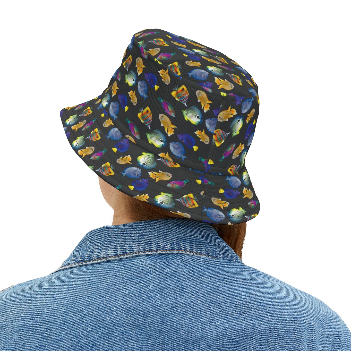 Tropical Polyester Bucket Hat, 2 Sizes - School of Fish / Black