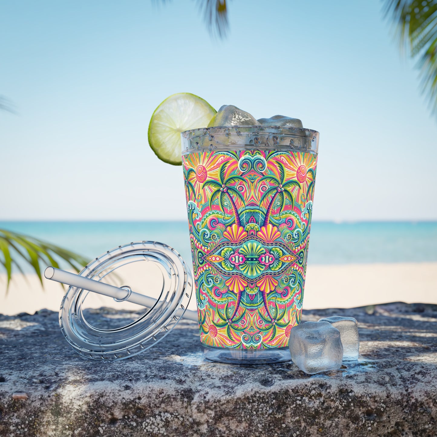 Tropical Tumbler with Straw | 16oz Colorful Travel Cup / Kaleido Bay
