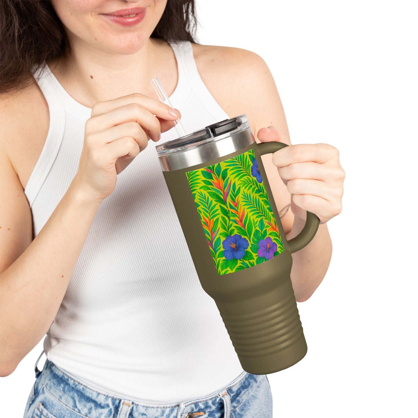 Midnight Flower Lime Insulated Travel Mug - 40oz - Perfect for Outdoor Adventures