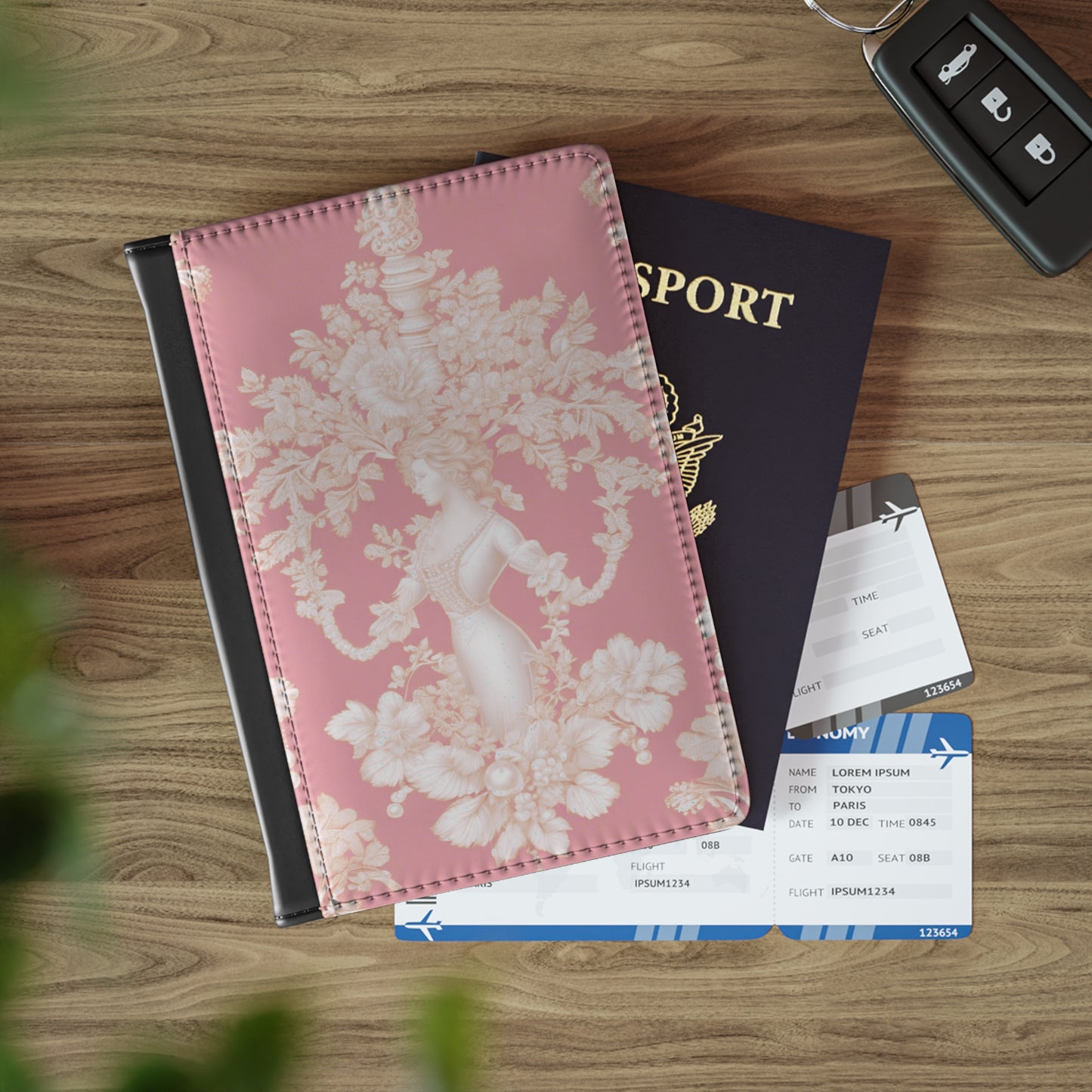 Tropical Passport Cover, Faux Leather - RFID blocking for travel security / Pearl Lady Toile, Hibiscus Pink