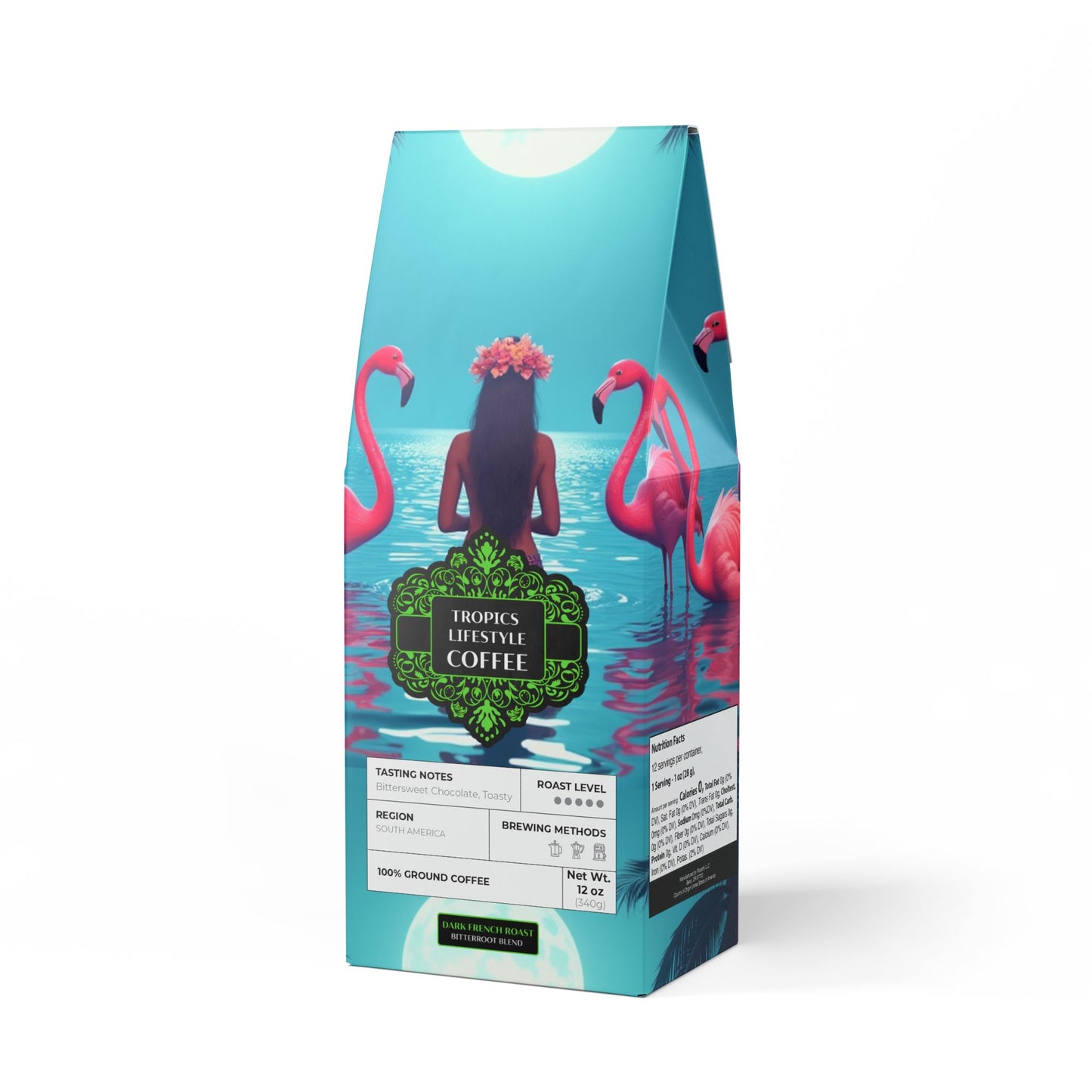 Black Coral Blend™ (Dark French Roast) Specialty Grade Craft Coffee / Moonlit Mermaid and Flamingos