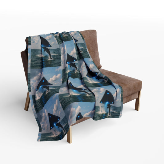UFO and Dolphin Fleece Blanket - Colorful Tropical Ocean Design