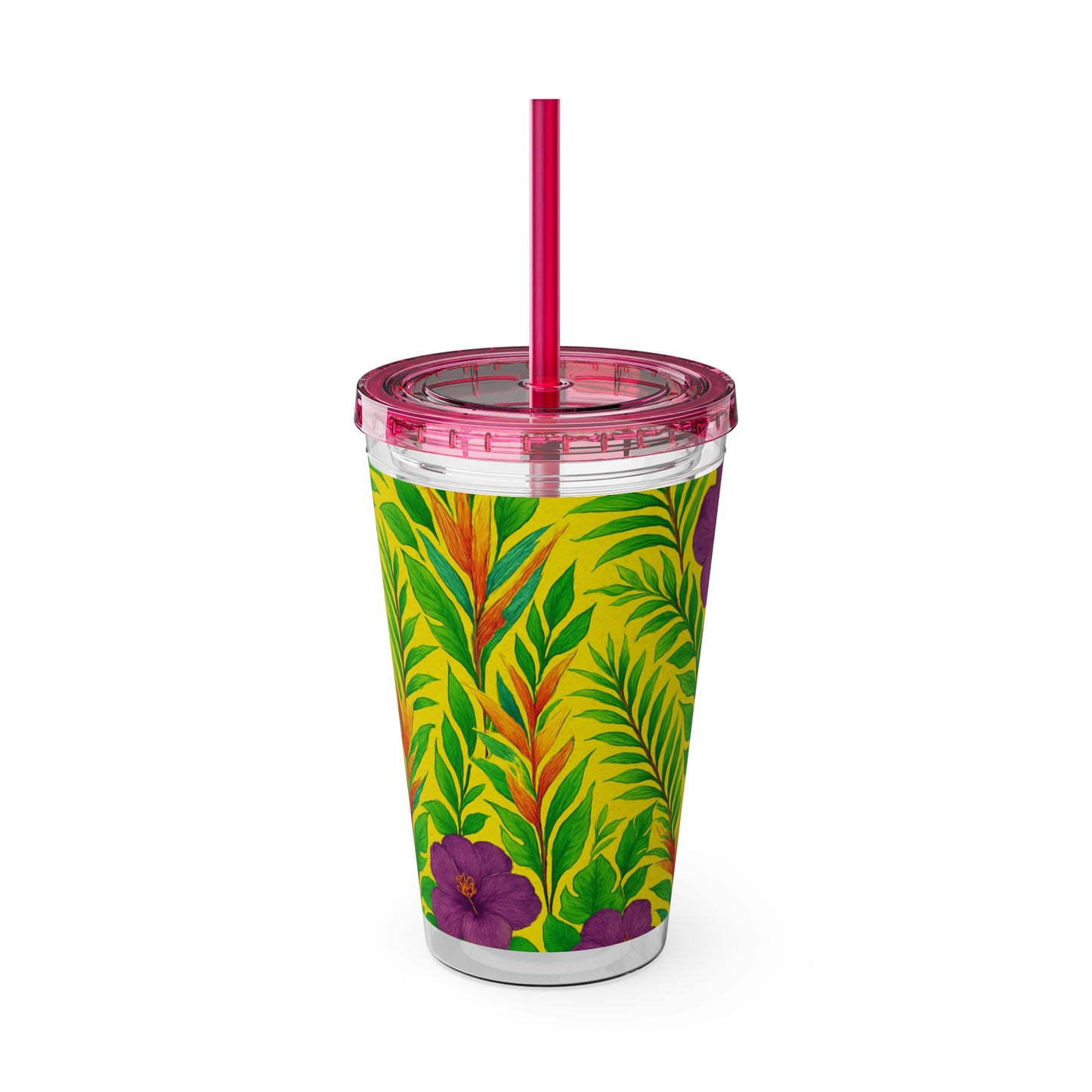 Tropical Tumbler with Straw | 16oz Colorful Travel Cup / Midnight Flower Yellow