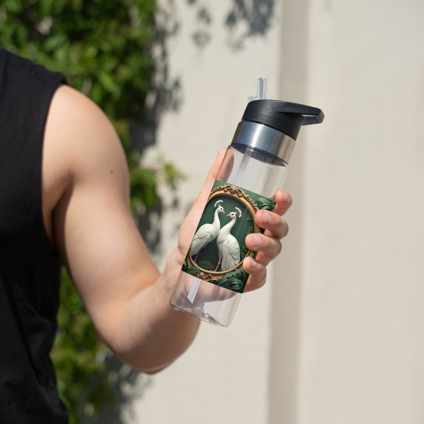 Tropical 20oz Tritan Sport Water Bottle -  Leakproof, Lightweight, BPA-Free / Framed White Peacocks