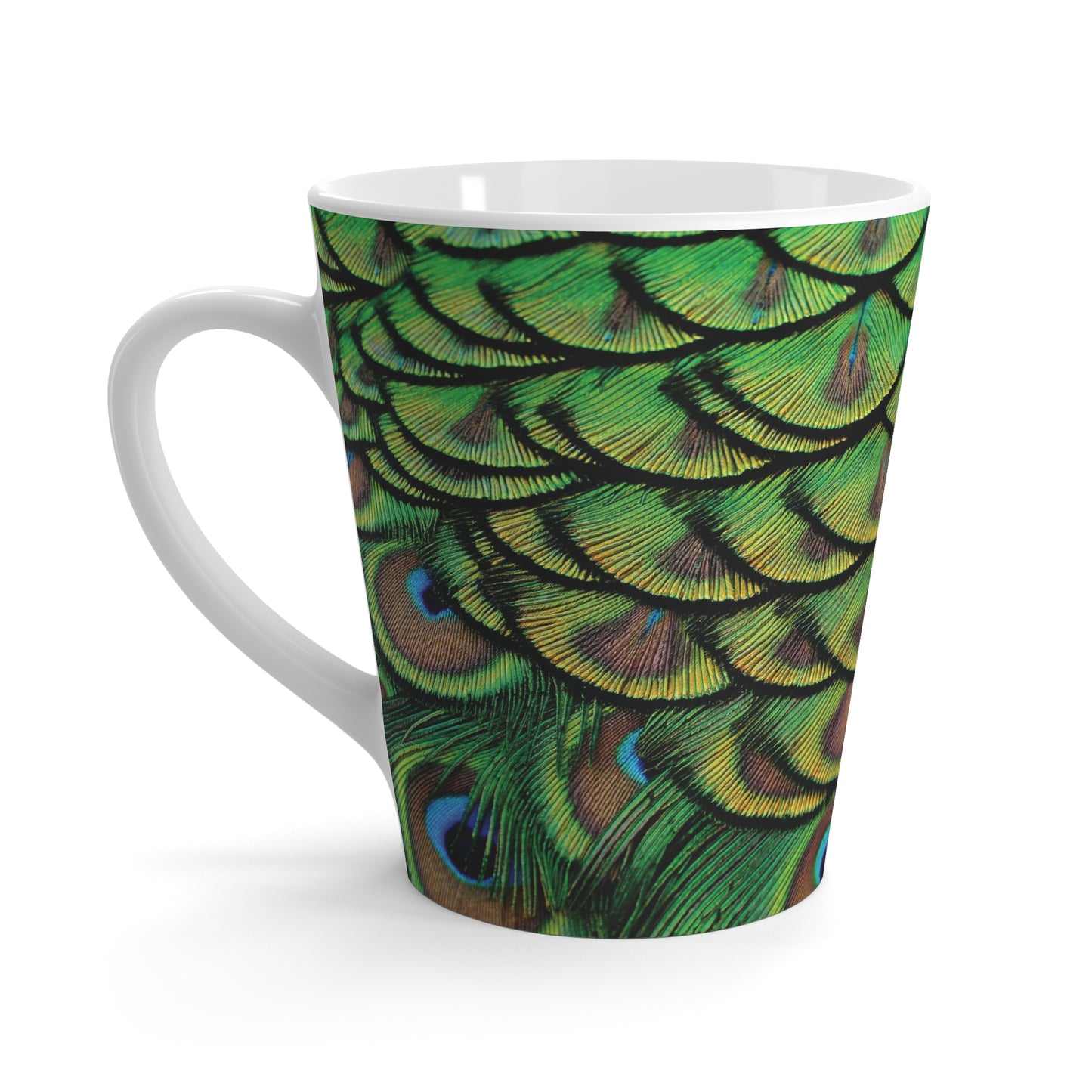 Latte White Mug - Perfect for Coffee Enthusiasts / Brilliant Green Peacock Feathers