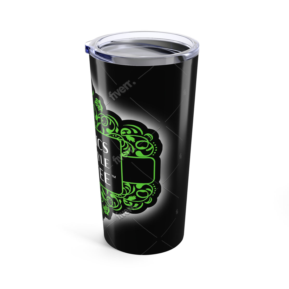 20oz Tropical Glossy Tumbler, Stainless Steel / Tropics Lifestyle Coffee, Black Glow
