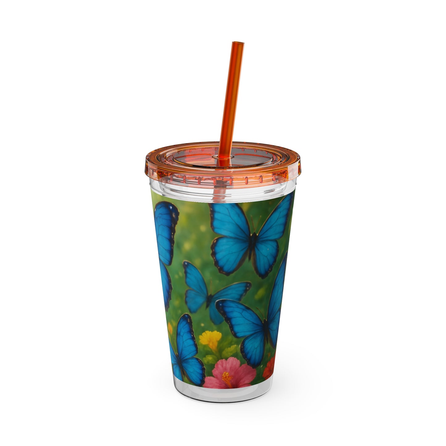 Tropical Tumbler with Straw | 16oz Colorful Travel Cup / Morpho Butterflies Flight