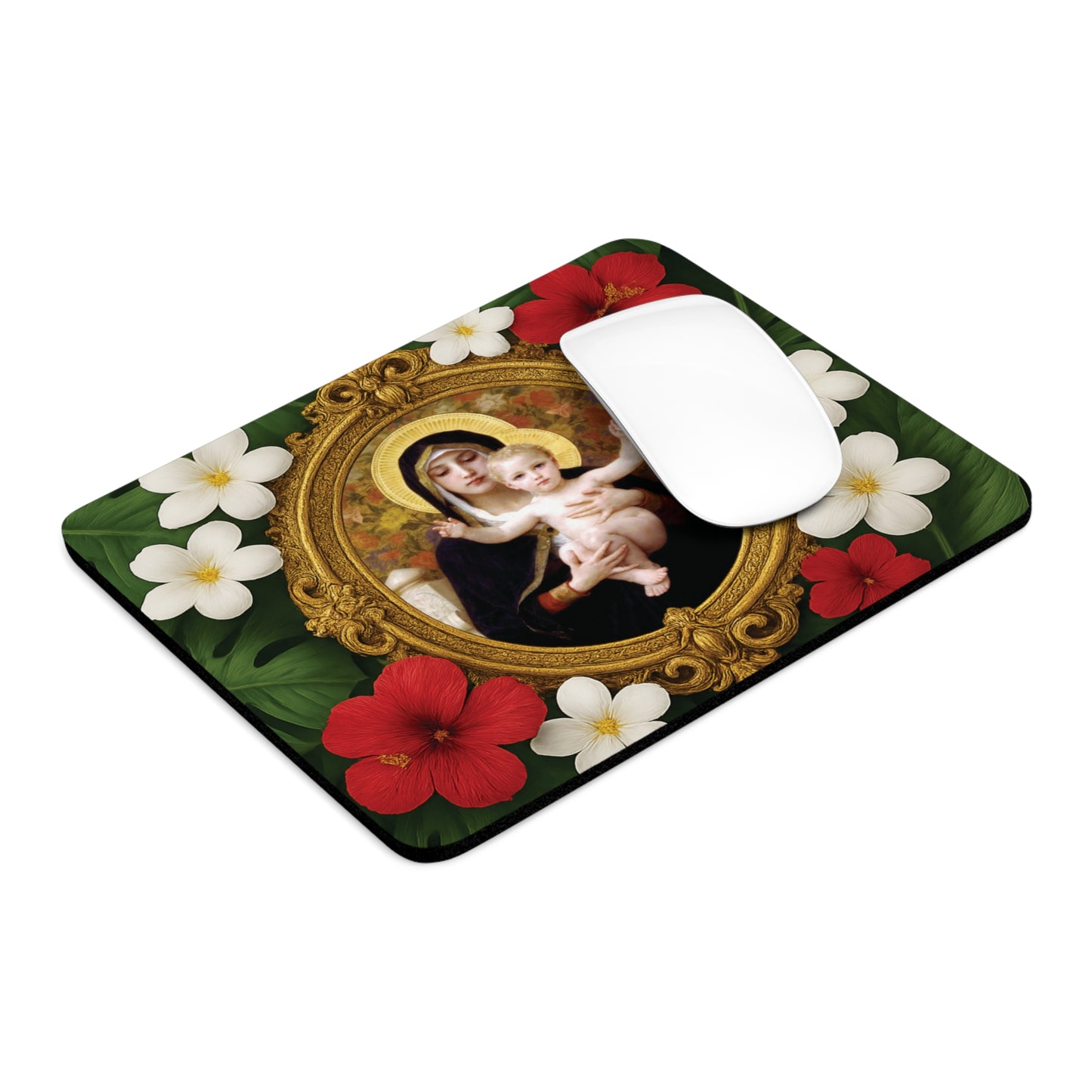 Religious Tropical Mouse Pad, 2 Shapes - Beach Vibes for Home Office & Gamer / Virgin of the Lilies