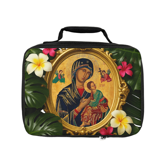 Our Lady of Guadalupe/Monstera, Religious Beach Lunch Bag - Eco-Friendly Insulated Tote, Adult and Child Lunchbox / Perfect for Picnics, Beach Outings