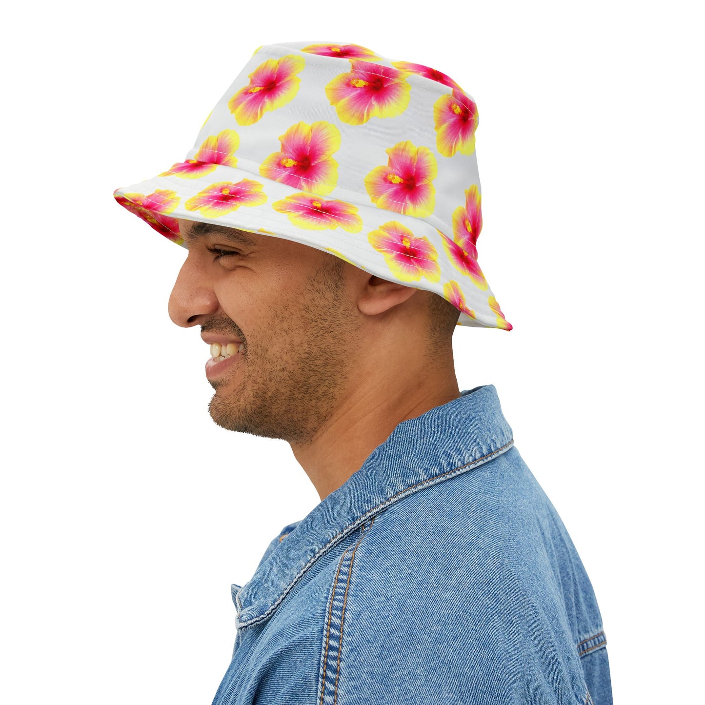 Tropical Polyester Bucket Hat, 2 Sizes - Hibiscus Flower/Yellow