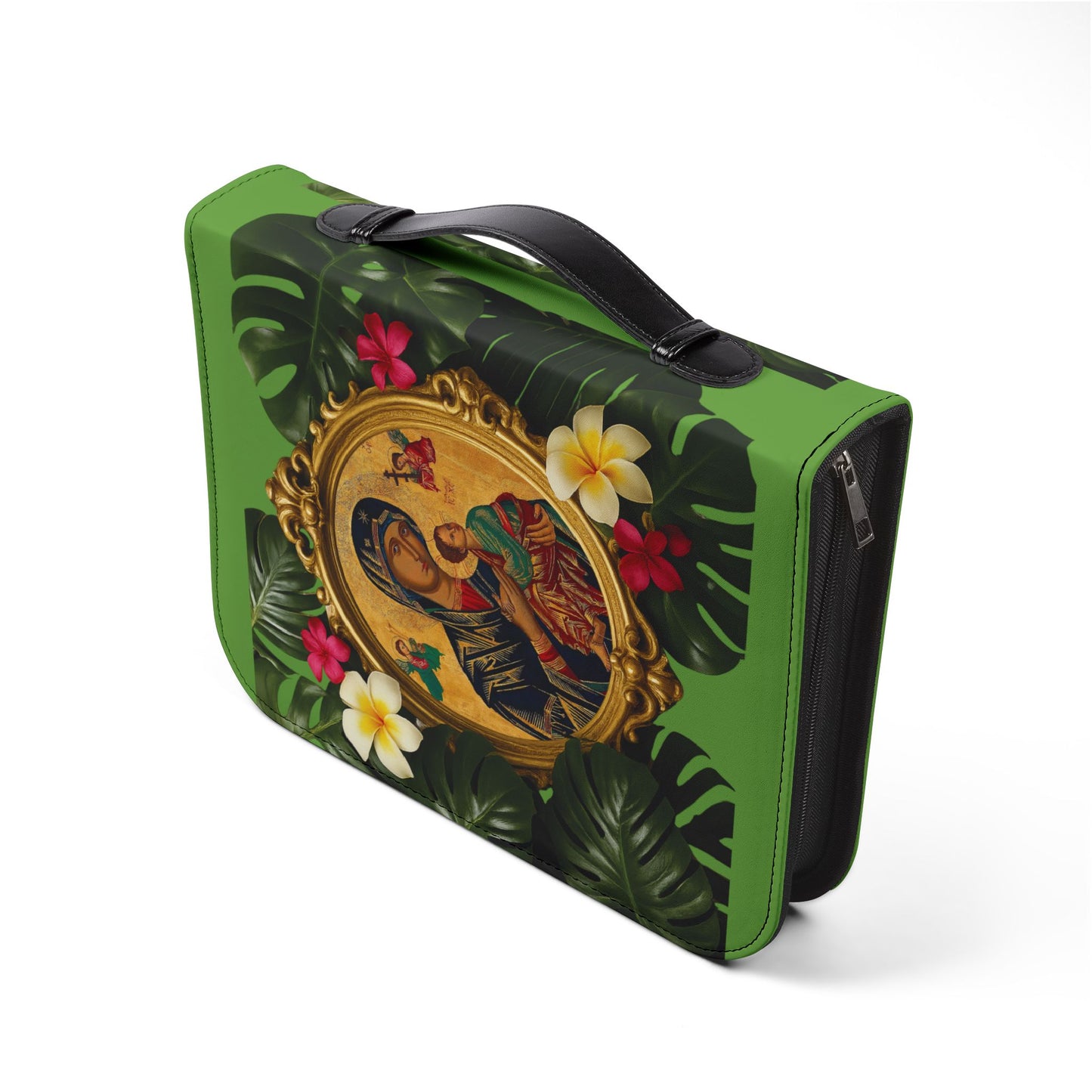 Tropical Bible Cover, Our Lady of Perpetual Help, Green / Floral Bible Protector, Christian Church Accessories