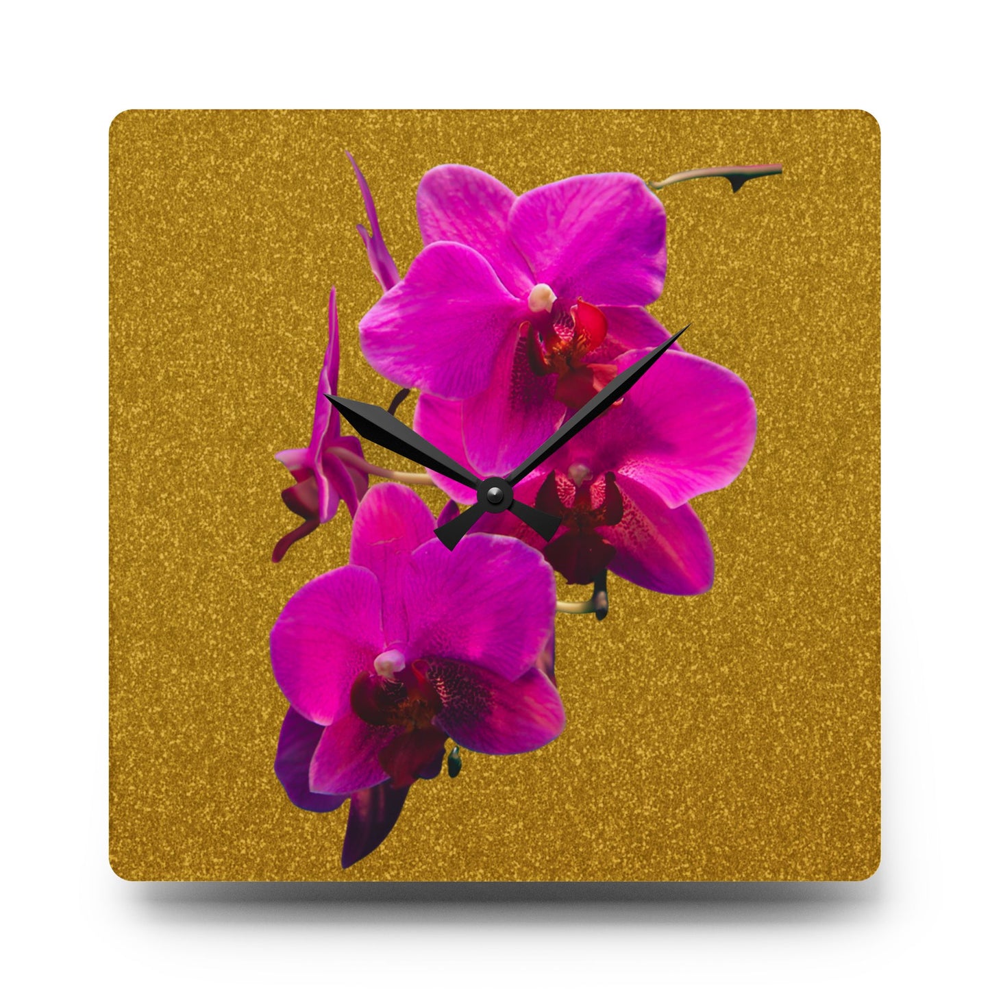 Acrylic Wall Clock - Purple Orchids/Gold, Various Sizes