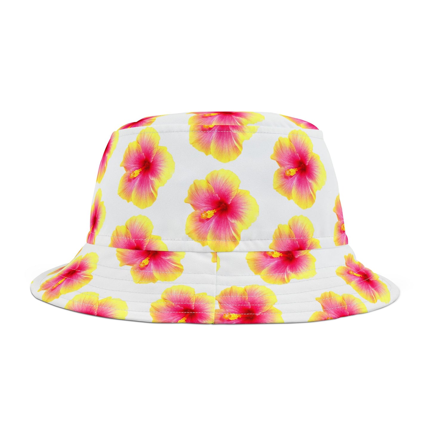 Tropical Polyester Bucket Hat, 2 Sizes - Hibiscus Flower/Yellow