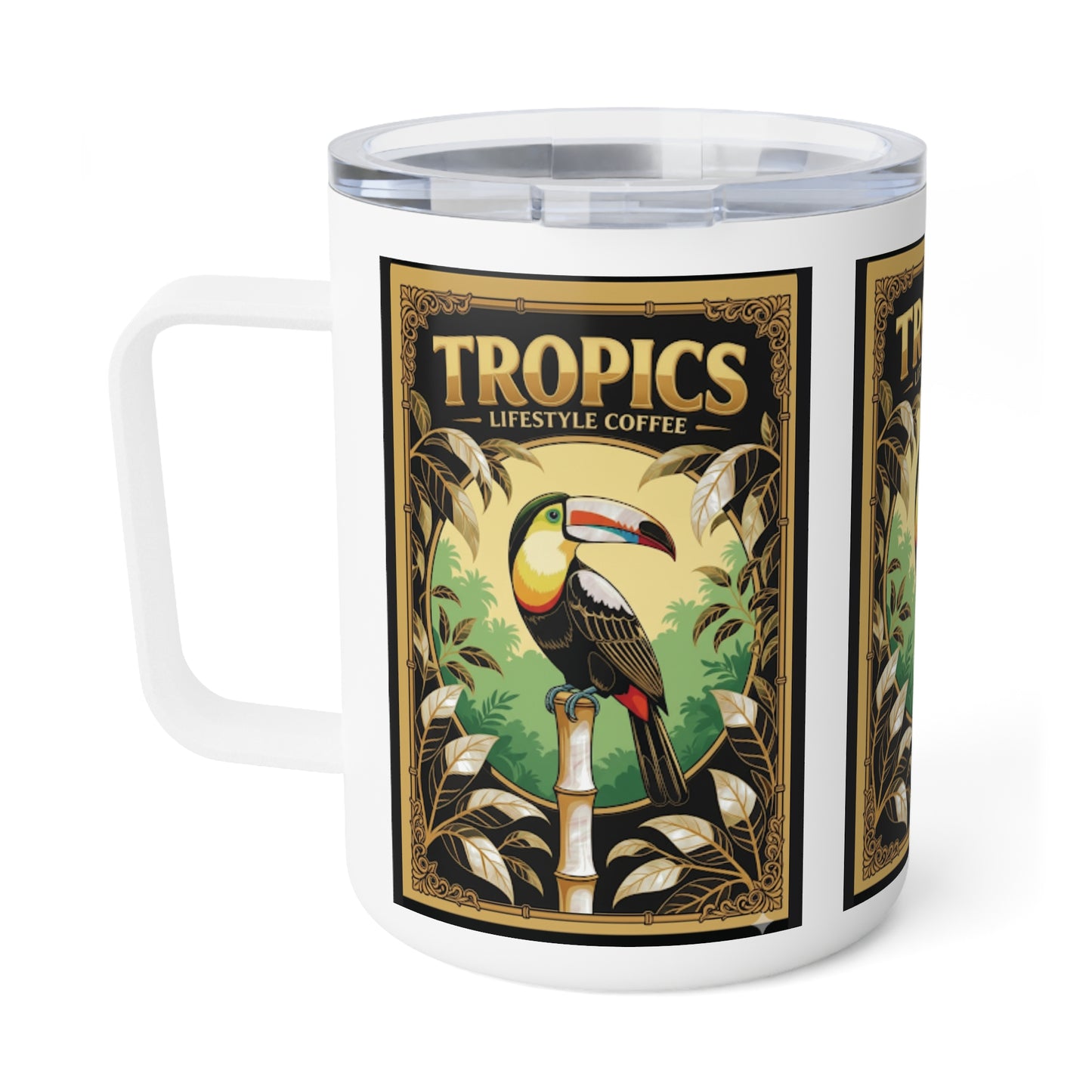 Tropical Insulated Coffee Mug, 10oz / Toucan Poster Gold Logo