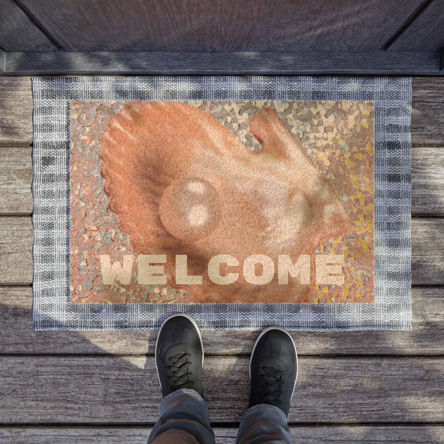 Tropical Shell Doormat - Vibrant Coconut Fiber Entrance Mat / WELCOME Disco Peach Pearl Oyster