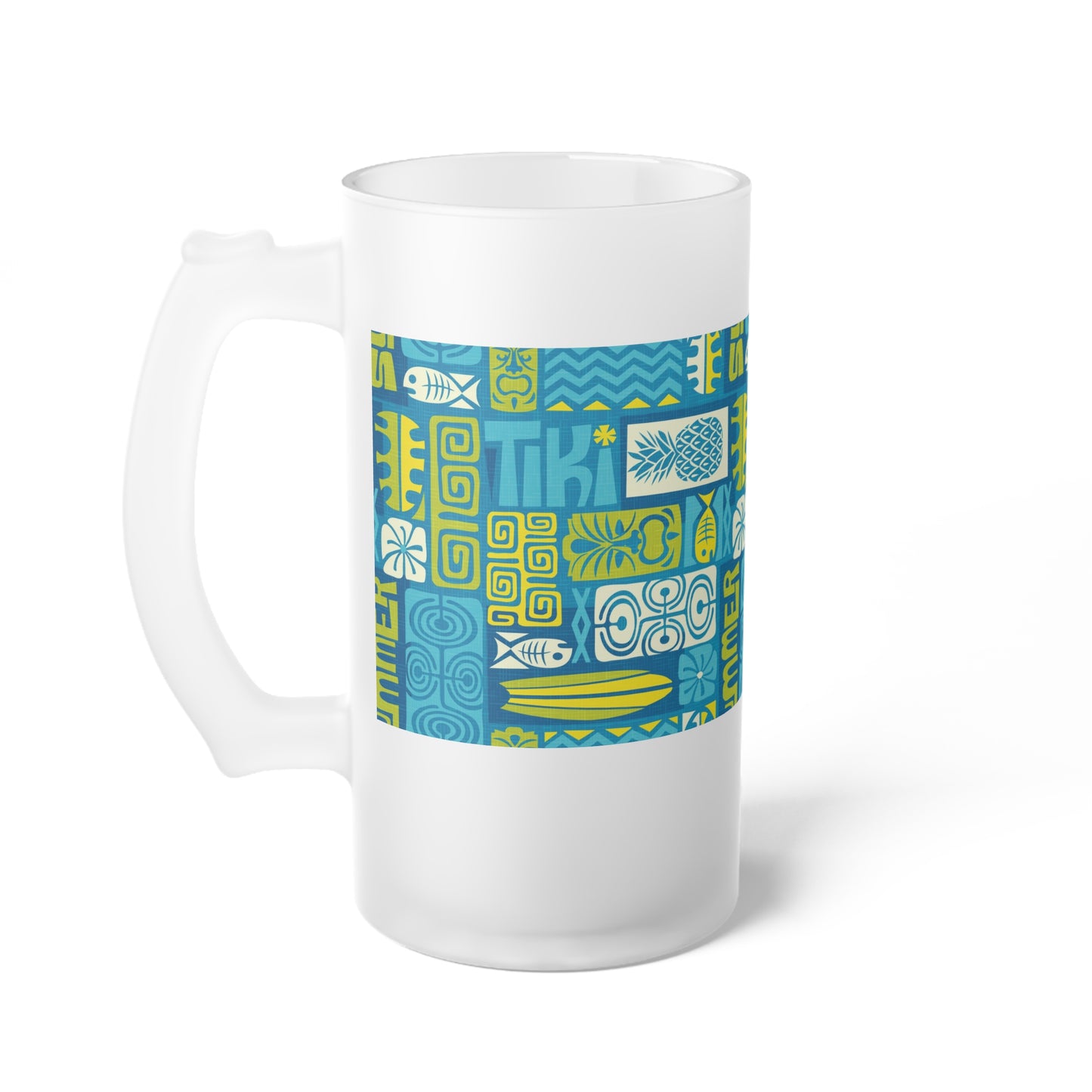 Frosted Glass Beer Mug, Tiki Poster Blue