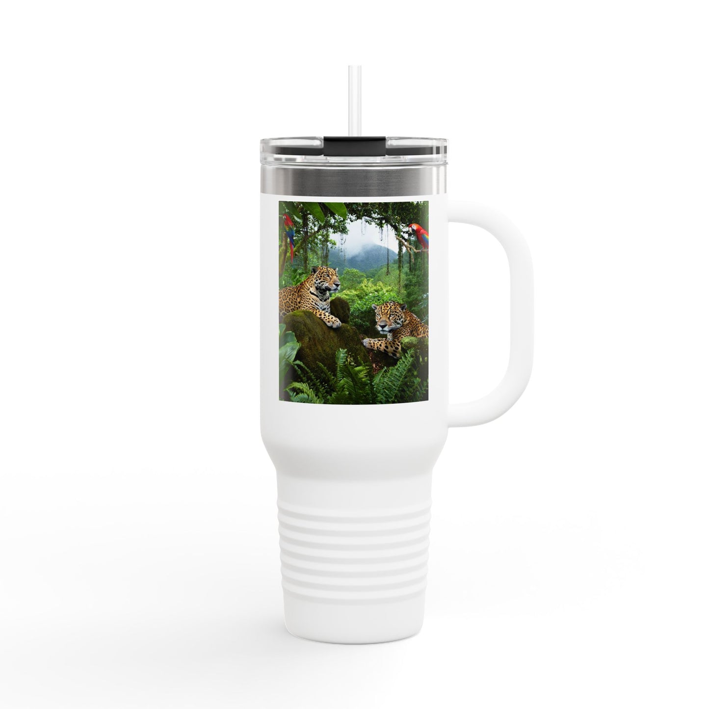 Insulated Travel Mug, 40oz / Jaguars and Parrots - Perfect for Outdoor Adventures