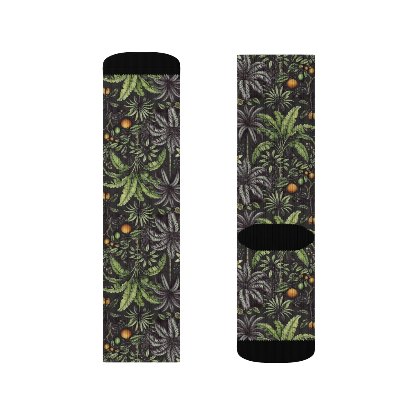 Tropical Fruit/Black Sublimation Fleece-Lined Socks - Colorful Palm Tree Design