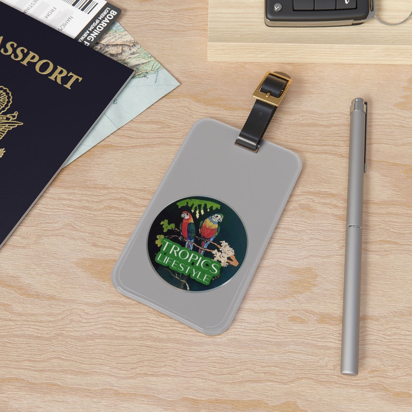 Luggage Tag - Two Brazilian Parrots, lt. grey