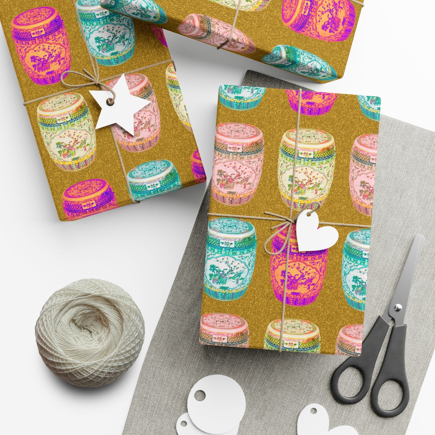 Wrapping Paper - Tropical Gift Wrap for All Occasions / 3 Sizes, 2 Finishes /Pop Art Porcelain Stools, Gold