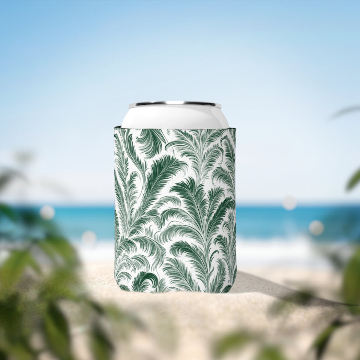 Rocco Greens/White Can Cooler Sleeve - Perfect for Outdoor Picnics