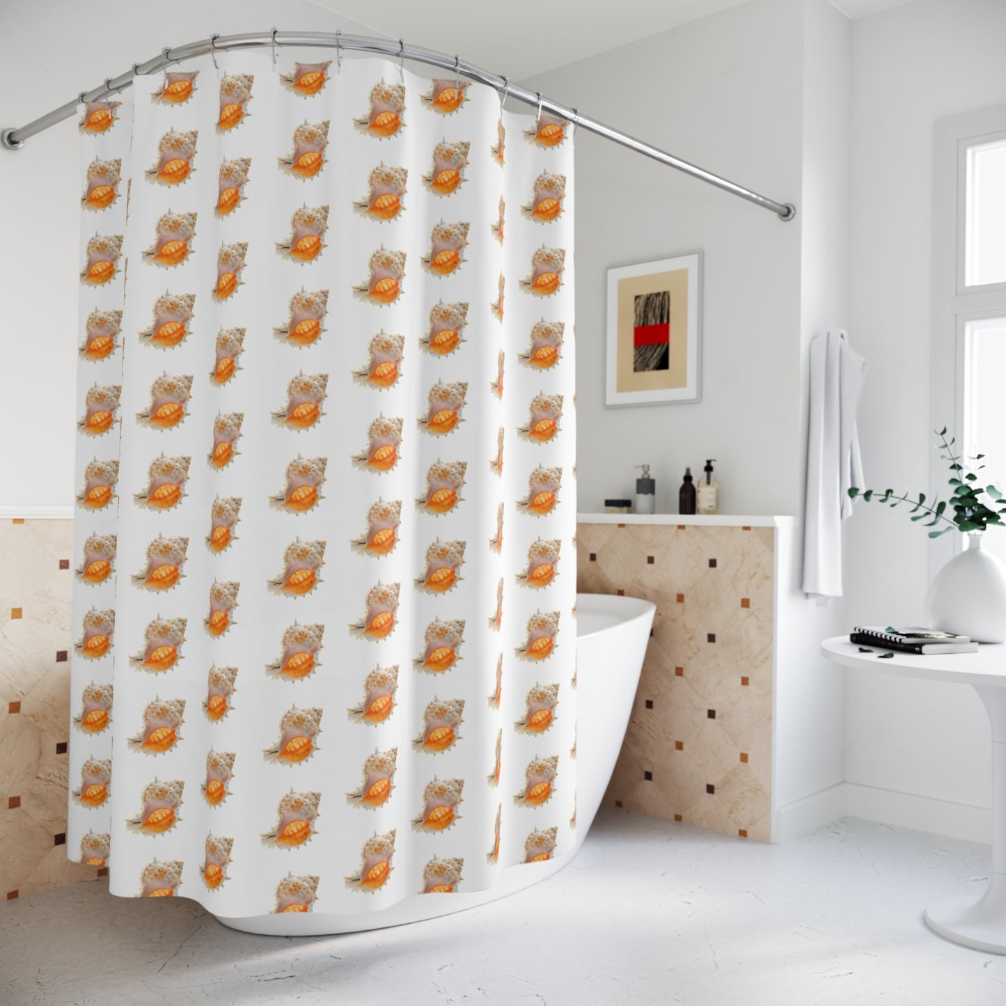 Tropical Shower Curtain - Ocean Bathroom Decor / Conch Shell/White