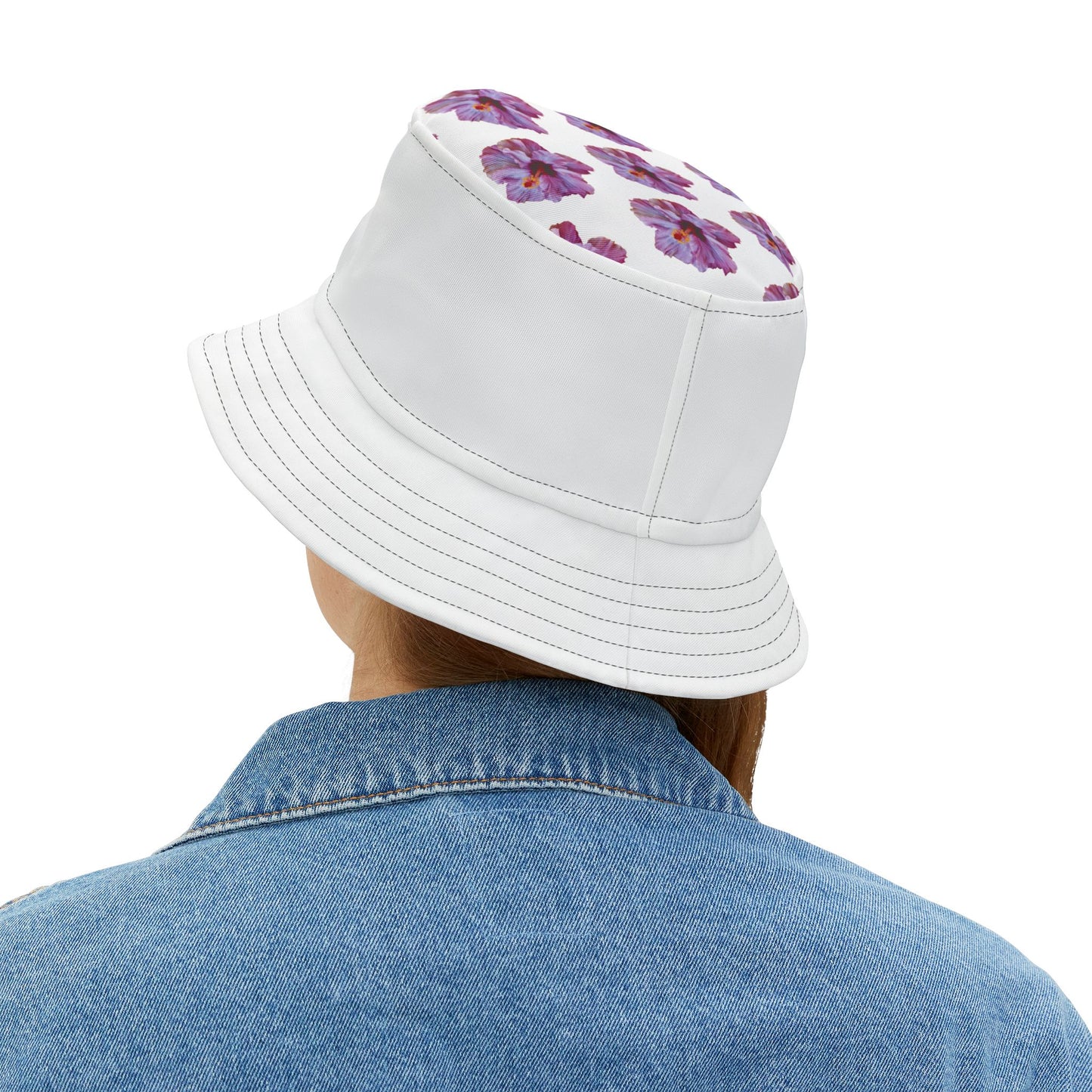 Tropical Polyester Bucket Hat, 2 Sizes - Purple Hibiscus/White