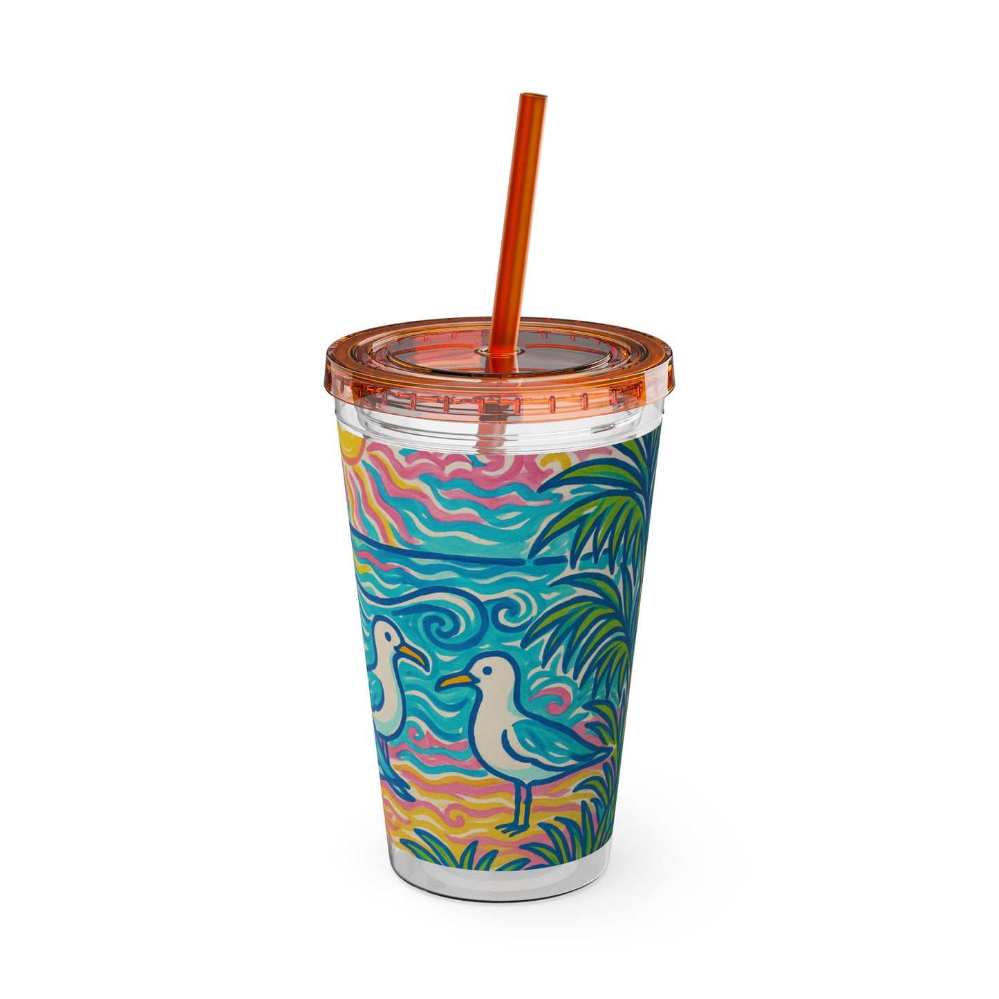 Tropical Tumbler with Straw | 16oz Colorful Travel Cup / Tropical Beach Seagulls