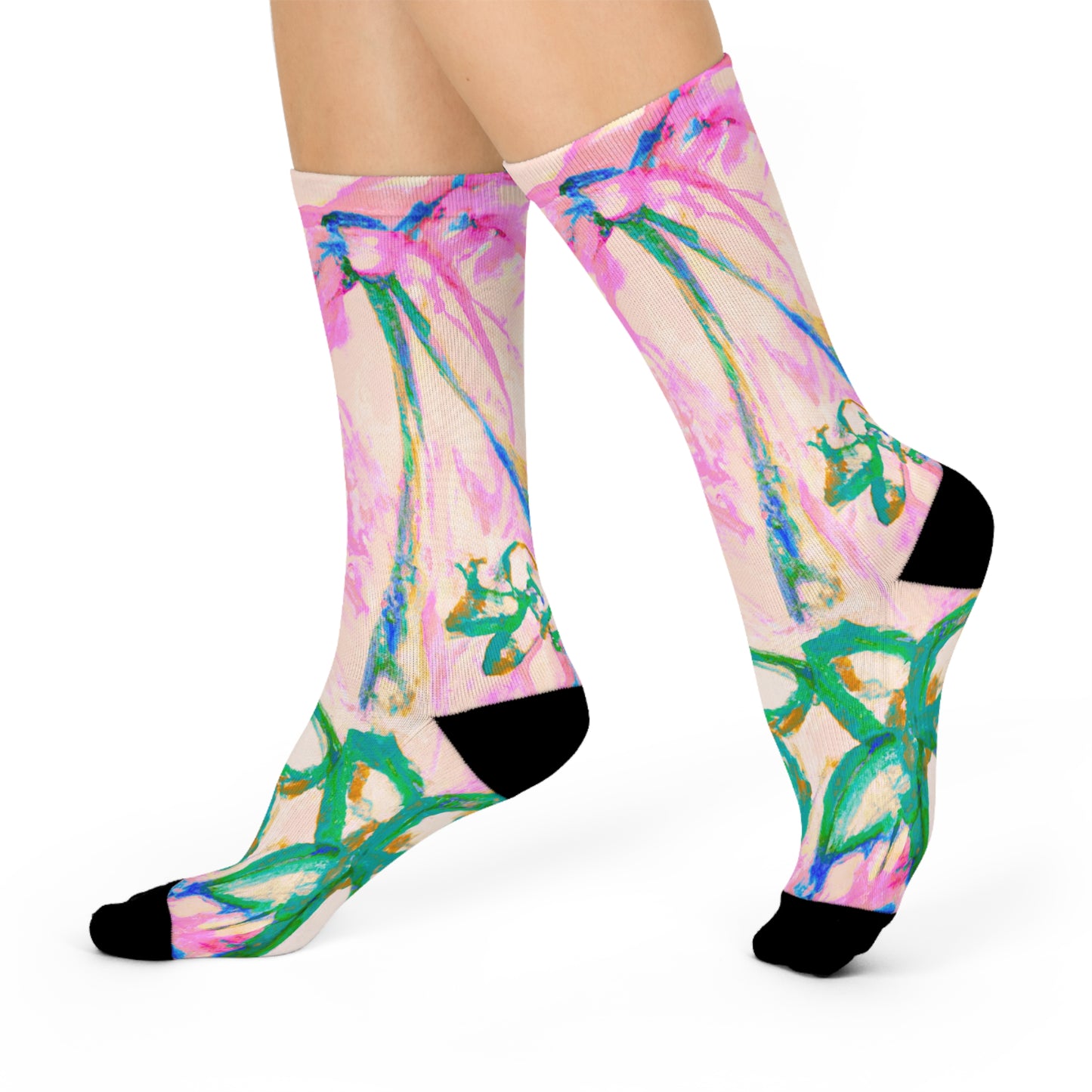 Cushioned Crew Socks - Tropical Doodles, Pink