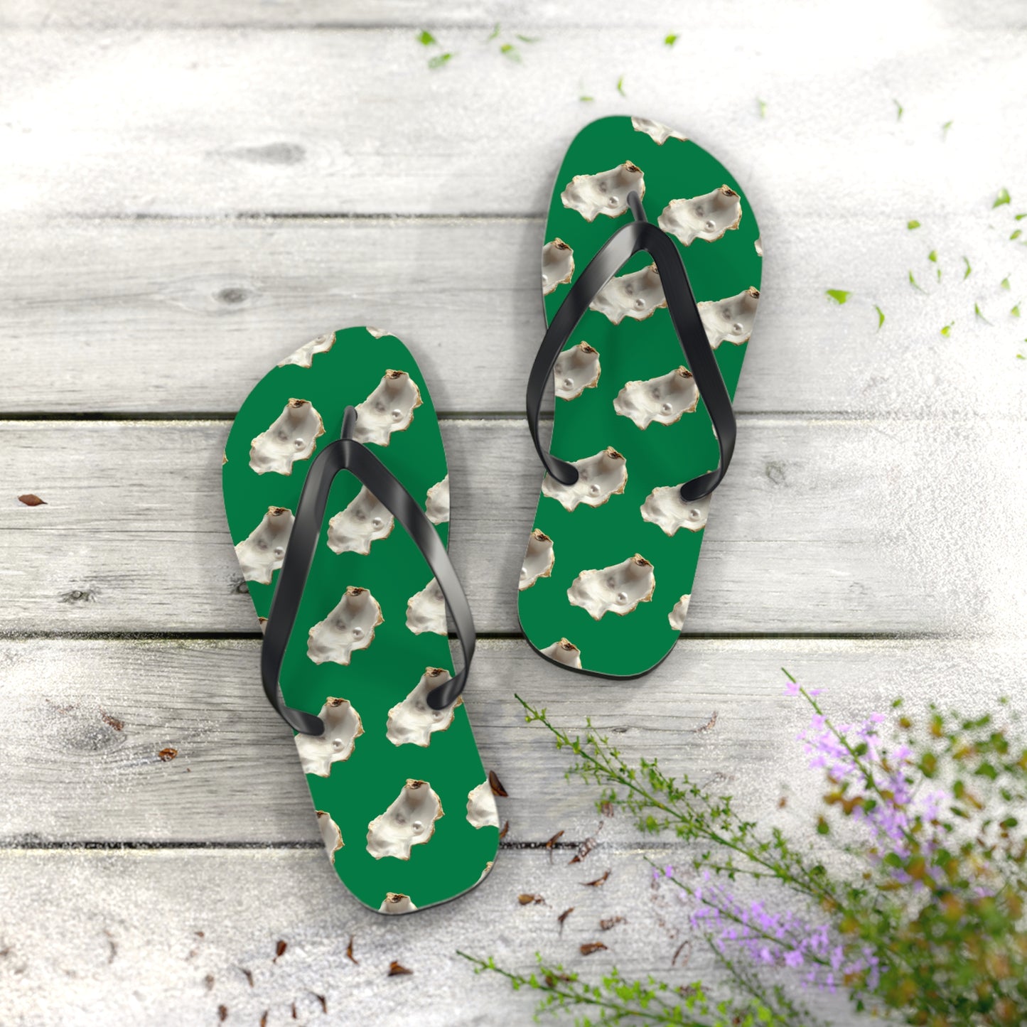 Flip Flops - White Pearl Oyster, dark green