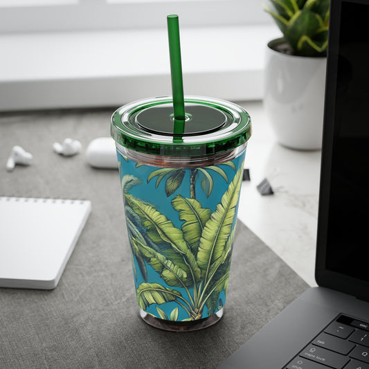 Tropical Tumbler with Straw | 16oz Colorful Travel Cup / Tropical Fruit Blue