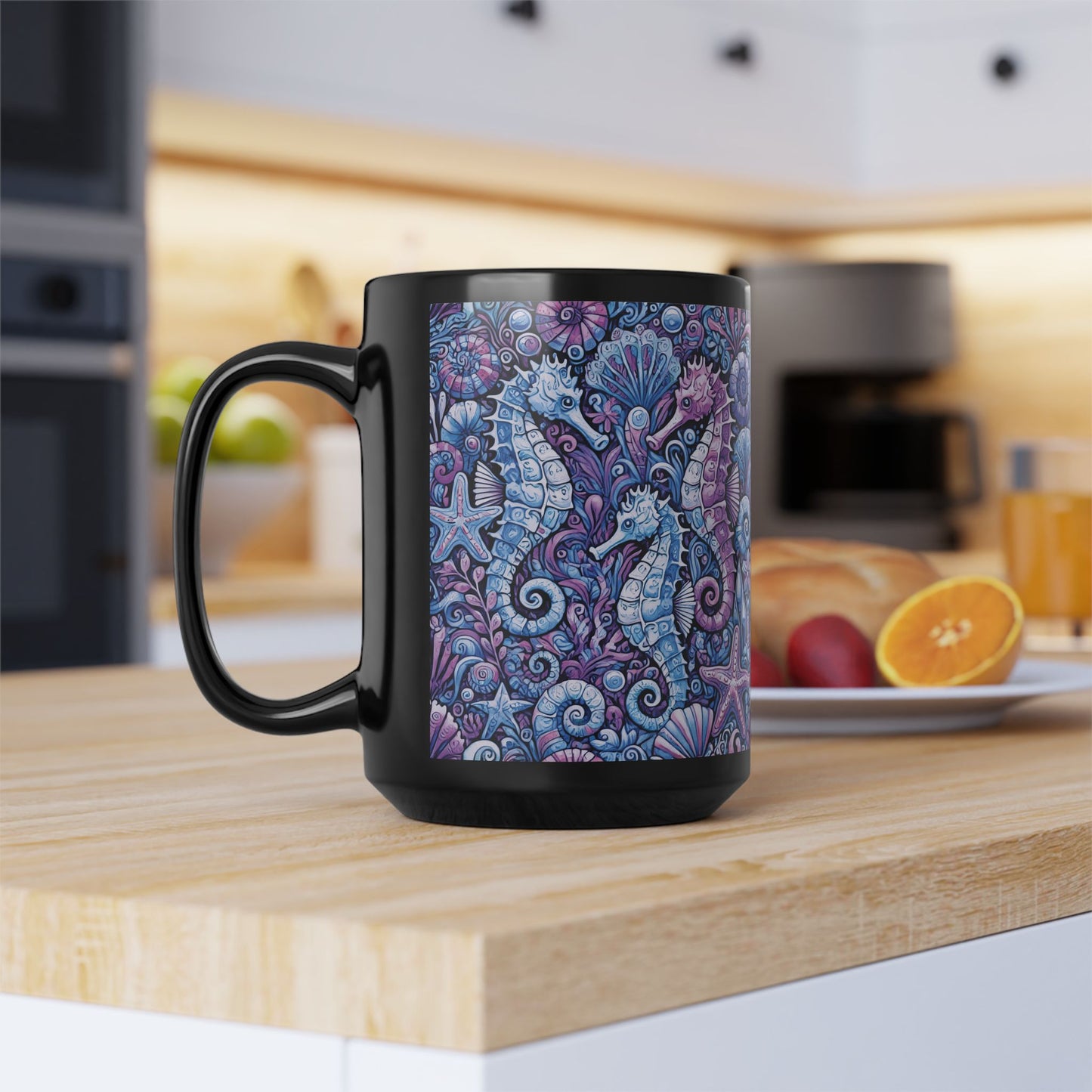 Black Coffee Mug - Seahorse Trio, Purple & Blue
