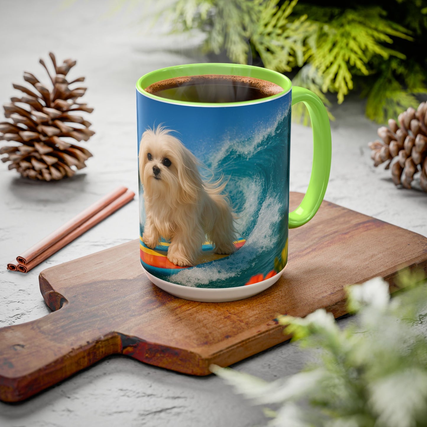 Vibrant Beach Coffee Mug - 11oz & 15oz / Puppy Ariel the Dog Surfer