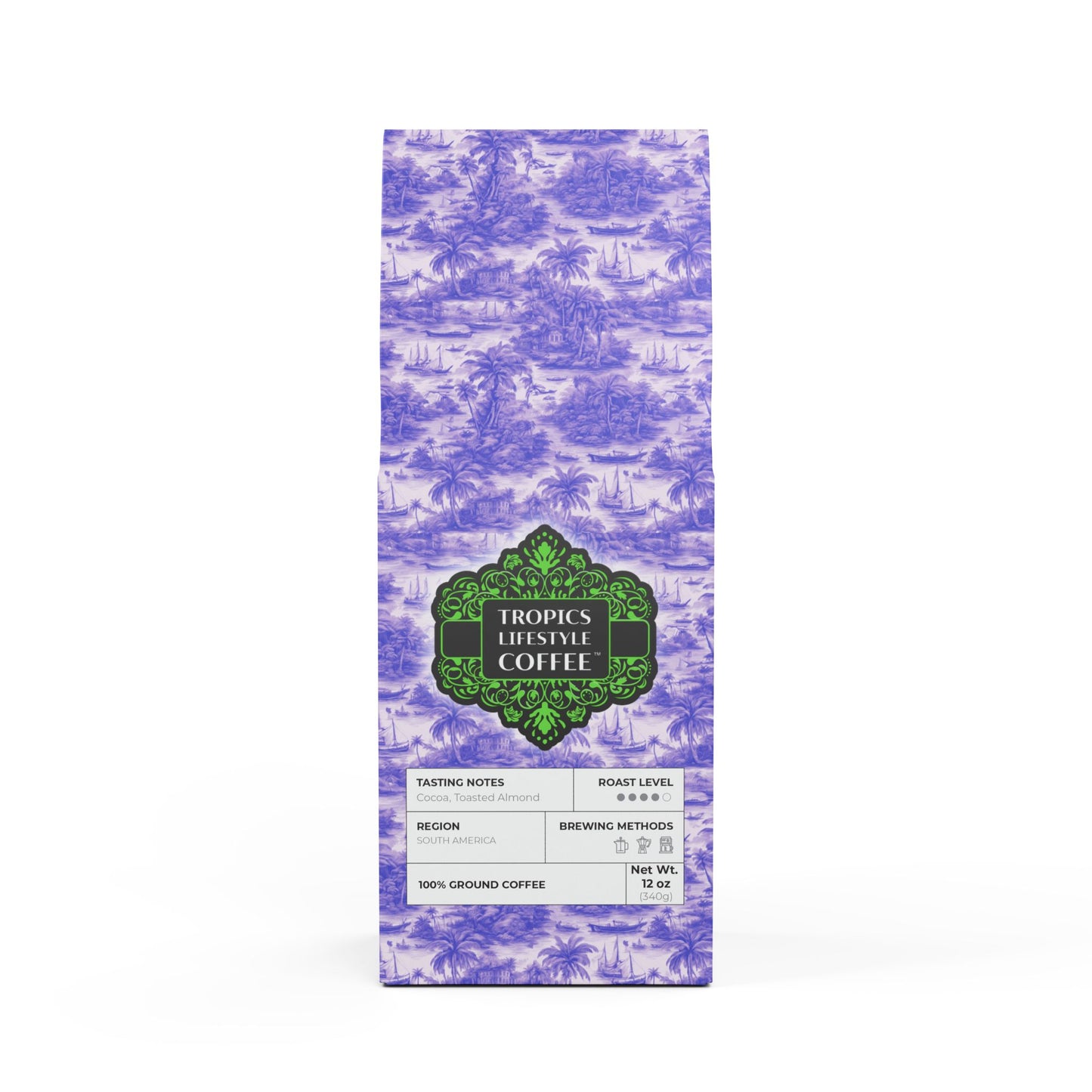 Midnight Surf Blend™ (Medium-Dark Roast) Specialty Grade Craft Coffee / Tropical Toile, Purple