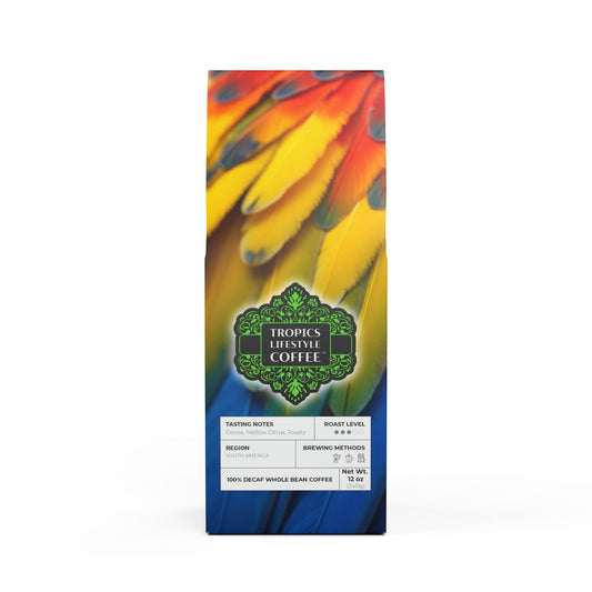 Rainforest Mist™ Single Origin DECAF (Medium Roast), Specialty Grade Craft Coffee / Parrot Macaw Feathers