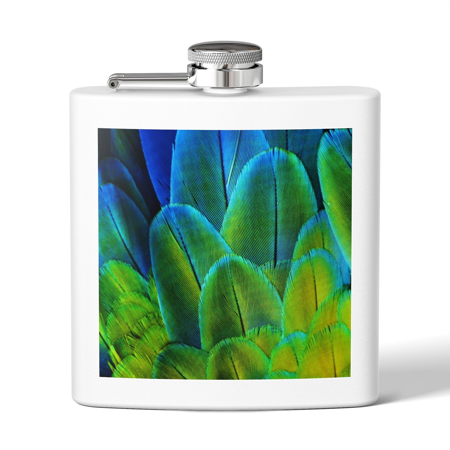 Tropical Stainless Steel 6 oz. Flask, Many Colors  – Shimmering Peacock Plumes