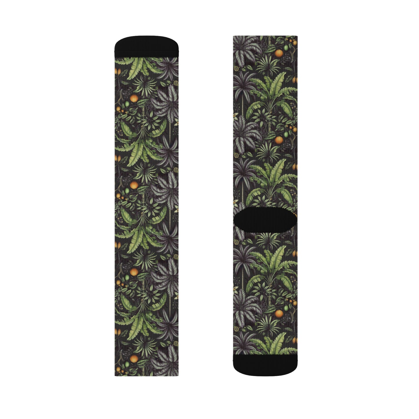 Tropical Fruit/Black Sublimation Fleece-Lined Socks - Colorful Palm Tree Design
