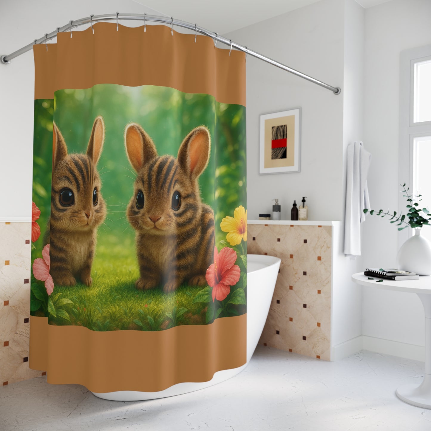 Tropical Shower Curtain - Rainforest Bathroom Decor / Baby Sumatran Rabbits/Lt. Brown