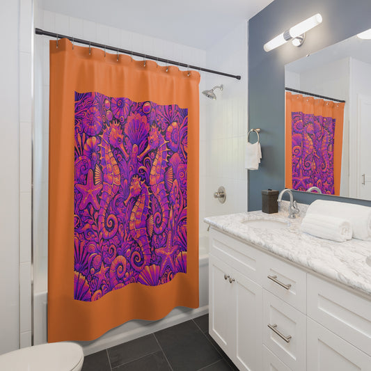 Tropical Shower Curtain - Ocean Bathroom Decor / Seahorse Trio Heatwave/Crusta Orange