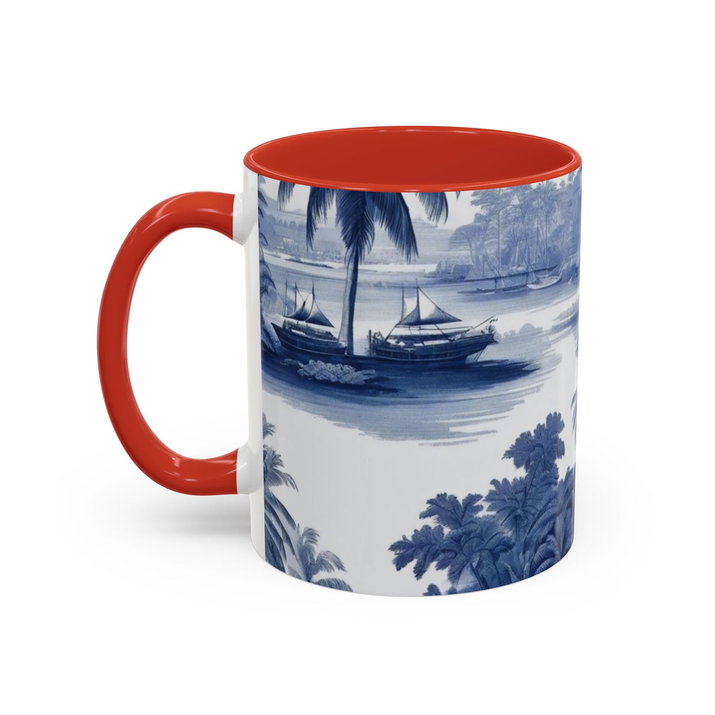 Accent Coffee Mug (11, 15oz), 8 Colors - Tropical Toile Blue/White