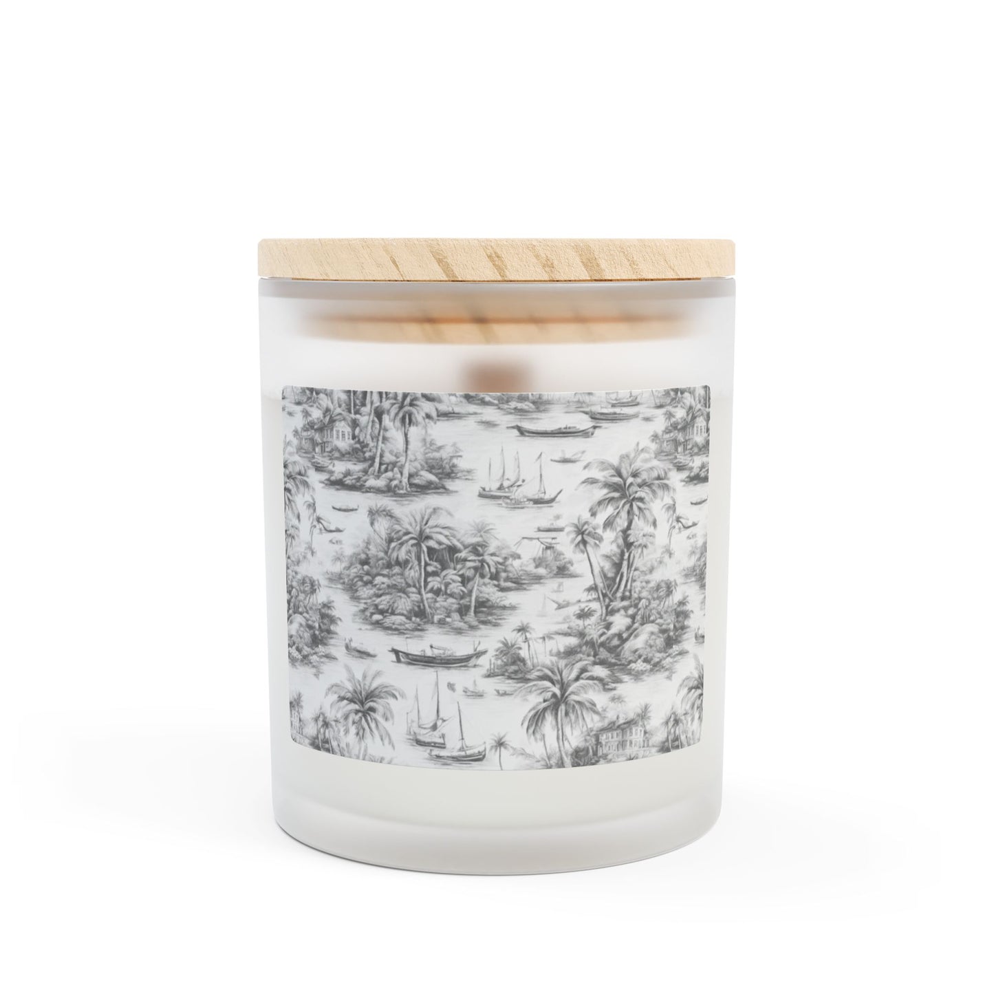 Frosted Glass Candle, 11oz - Tropical Toile #1, Soft Black