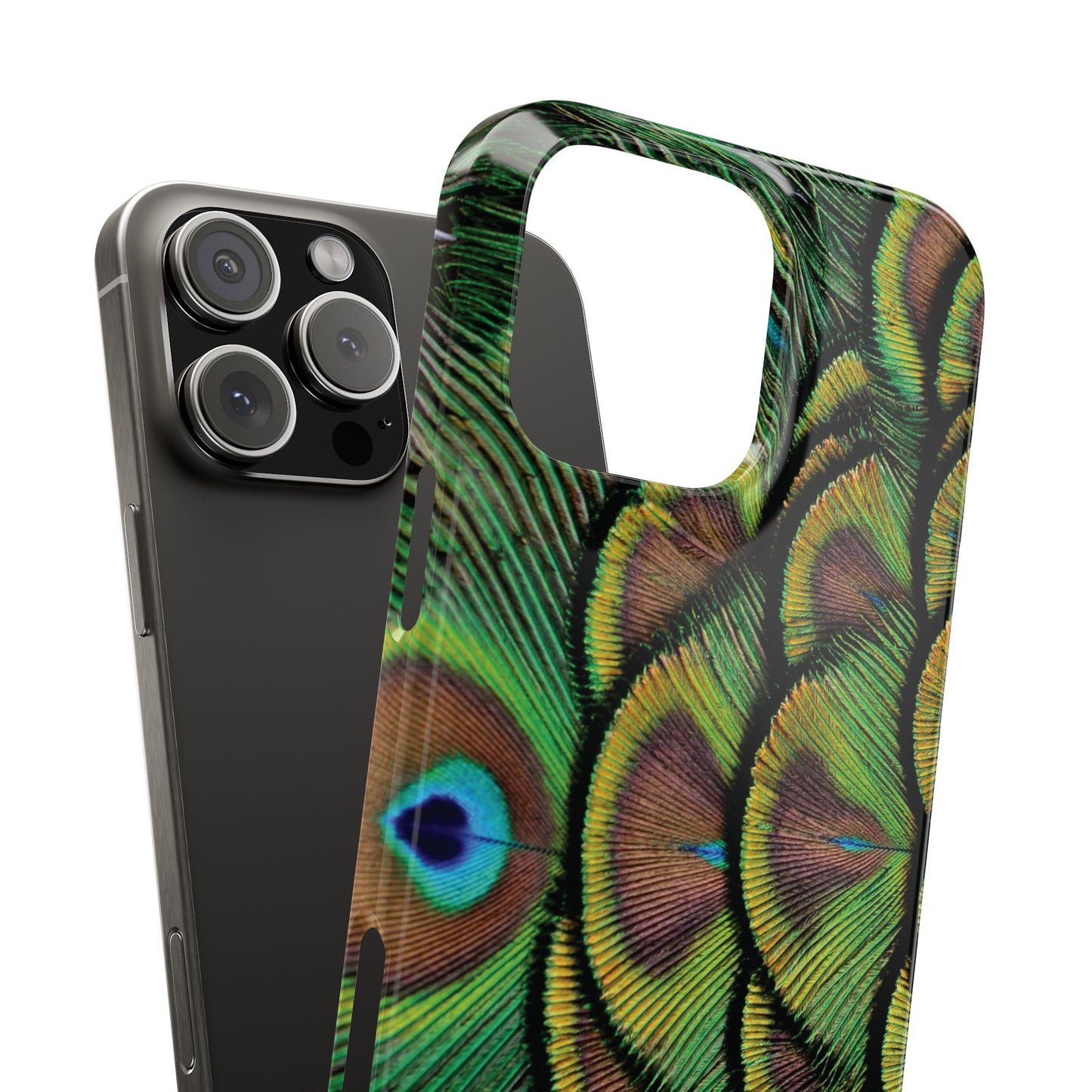 Slim Phone Cases - Brilliant Green Peacock Feathers