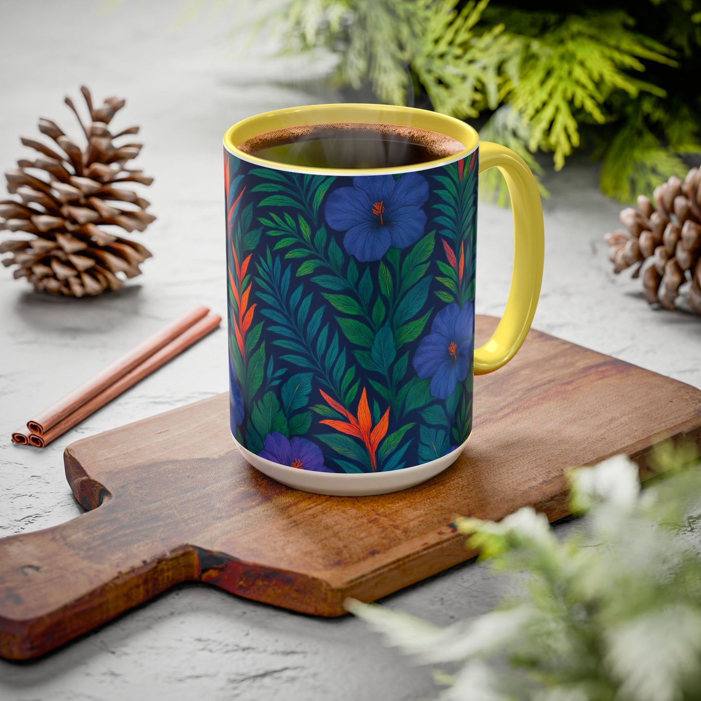 Vibrant Floral Coffee Mug - 11oz & 15oz / Midnight Flower Coral