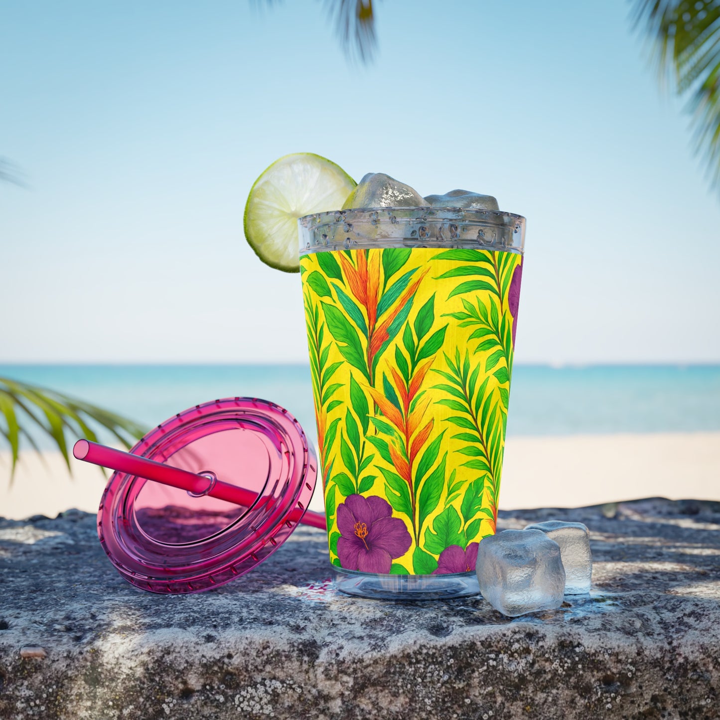 Tropical Tumbler with Straw | 16oz Colorful Travel Cup / Midnight Flower Yellow
