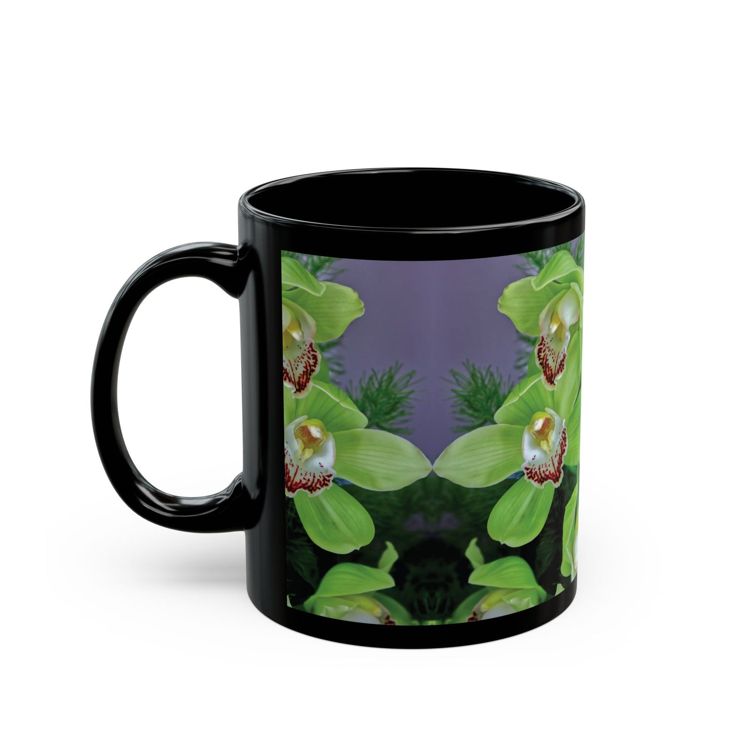 Black Coffee Mug - Kaleido Green Orchids