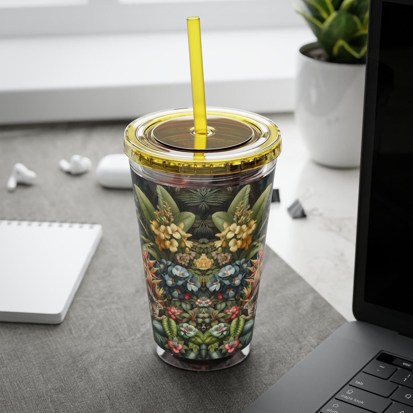Tropical Tumbler with Straw | 16oz Colorful Travel Cup / Rainforest Rabbit Outing