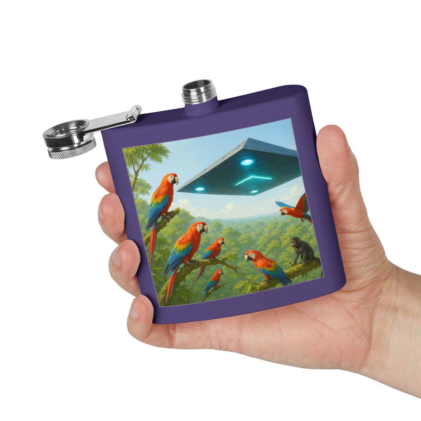 Tropical Stainless Steel 6 oz. Flask, Many Colors  – UFO and Macaws