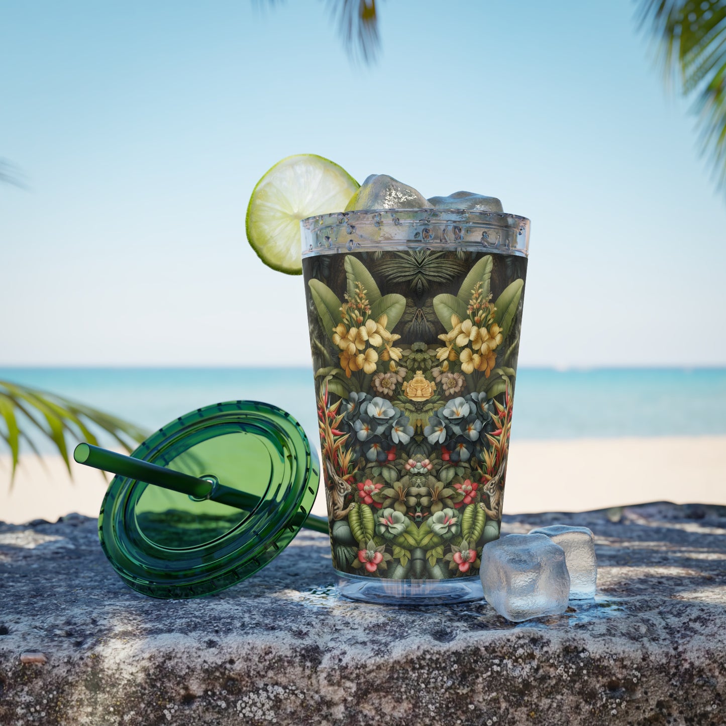 Tropical Tumbler with Straw | 16oz Colorful Travel Cup / Rainforest Rabbit Outing