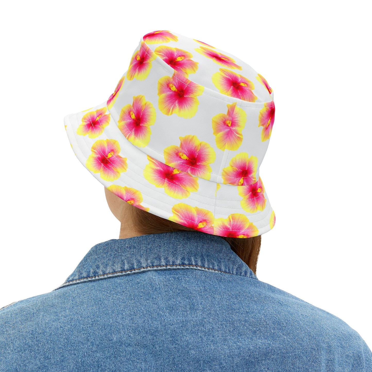 Tropical Polyester Bucket Hat, 2 Sizes - Hibiscus Flower/Yellow
